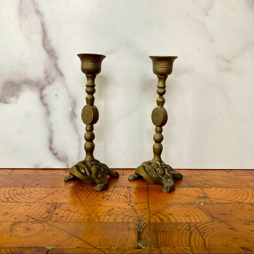 Vintage Brass Korean Turtle Candlesticks